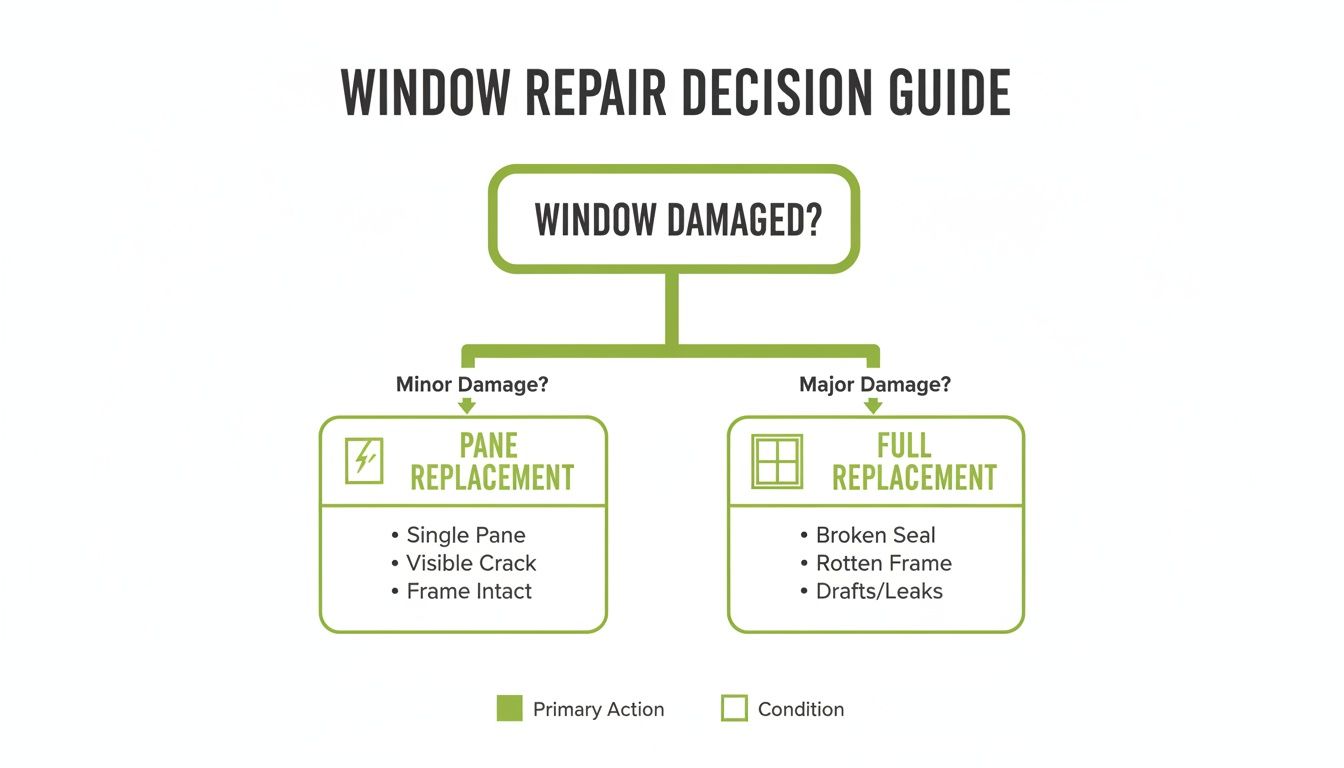 Flowchart illustrating window repair decisions for minor vs. major damage, leading to pane or full replacement.