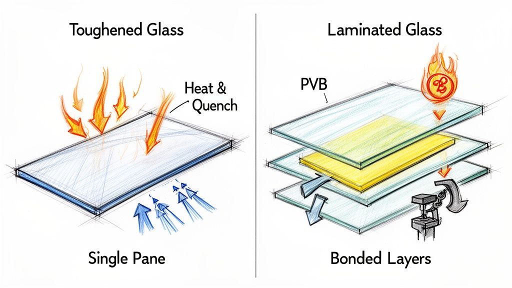 Illustration comparing toughened glass manufacturing (heating and quenching a single pane) with laminated glass (bonding layers with PVB).