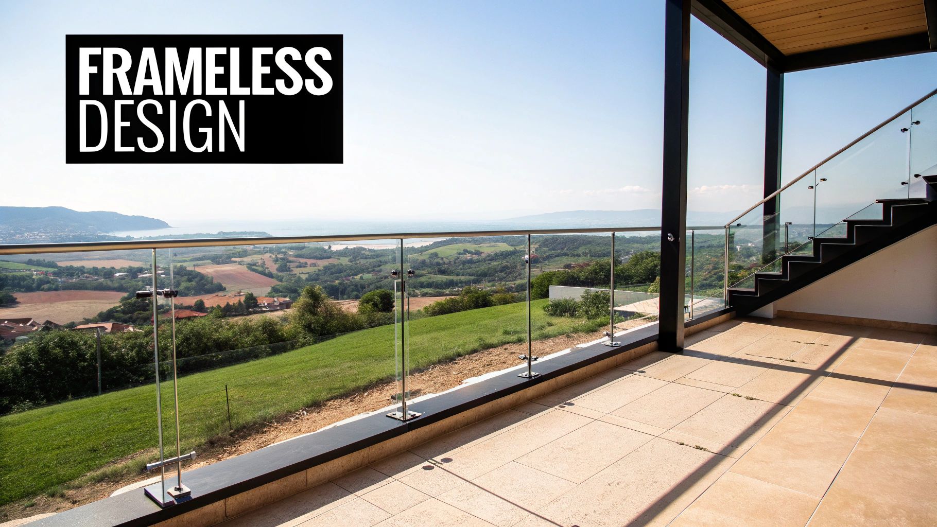 Modern terrace with frameless glass balustrade, stunning views, and outdoor staircase.