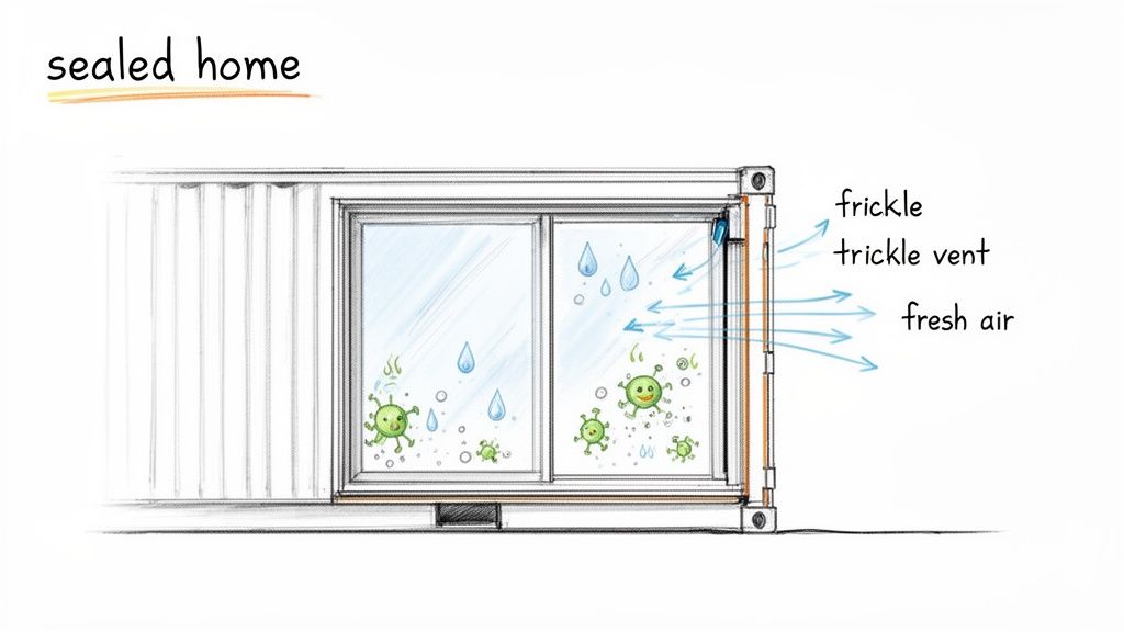 Illustration of a sealed home with double-glazing, showing microbes, condensation, and a trickle vent for fresh air.