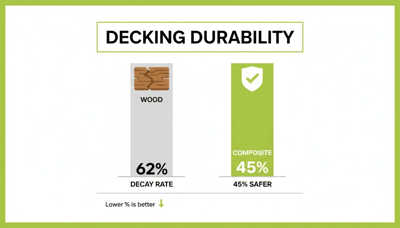Infographic comparing wood and composite decking durability, showing wood with a 62% decay rate and composite as 45% safer.