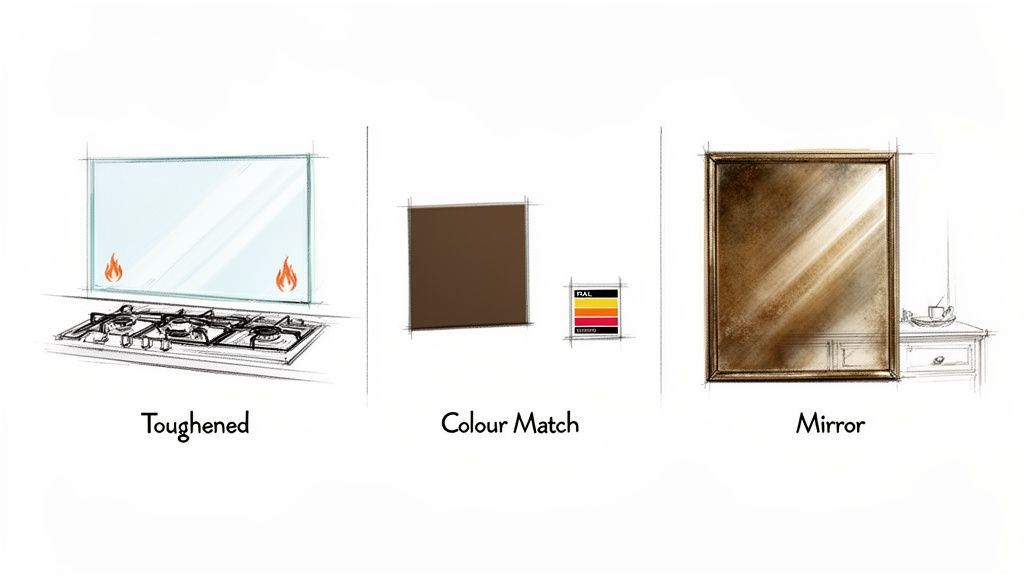 Three illustrations of kitchen splashback options: toughened glass, custom color, and decorative mirror.