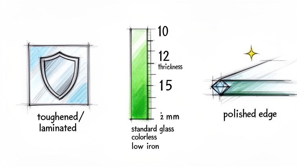 Illustrations showing toughened/laminated glass, thickness options from 2mm to 15mm, and a polished glass edge.