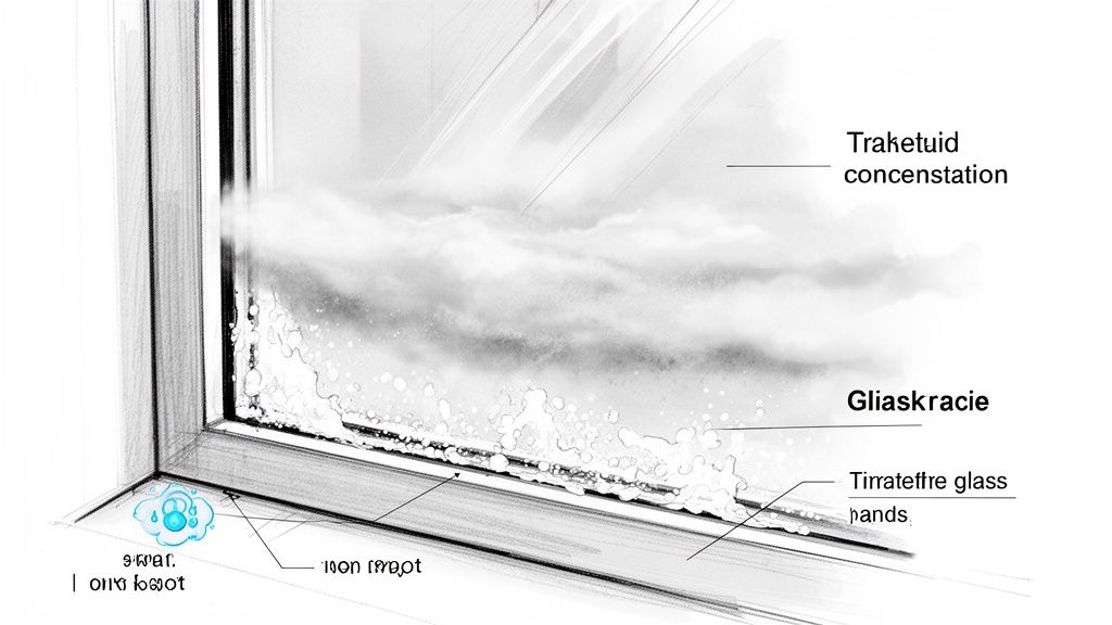 Detailed illustration of window condensation, moisture, and water droplets on the glass and frame.