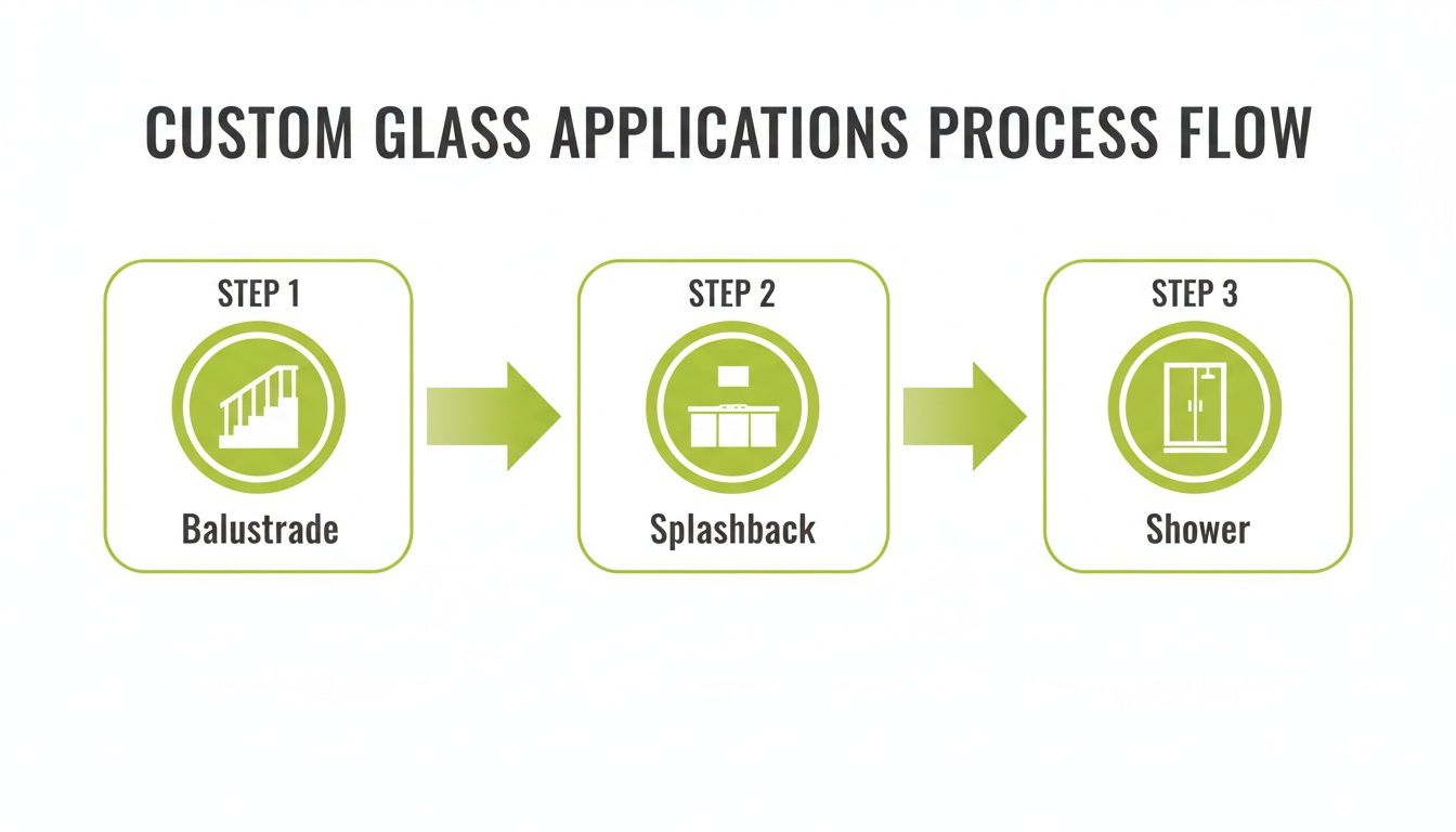 Process flow for custom glass applications, featuring balustrade, splashback, and shower installations.