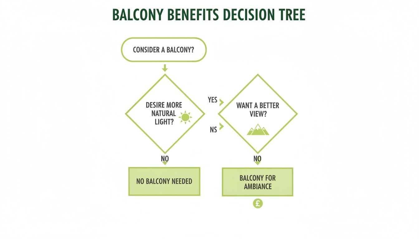 A decision tree flowchart titled 'Balcony Benefits' guiding users on balcony needs for light and view.