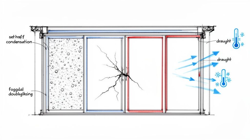 Diagram illustrating common problems with patio door glass, including condensation, cracks, and draughts.
