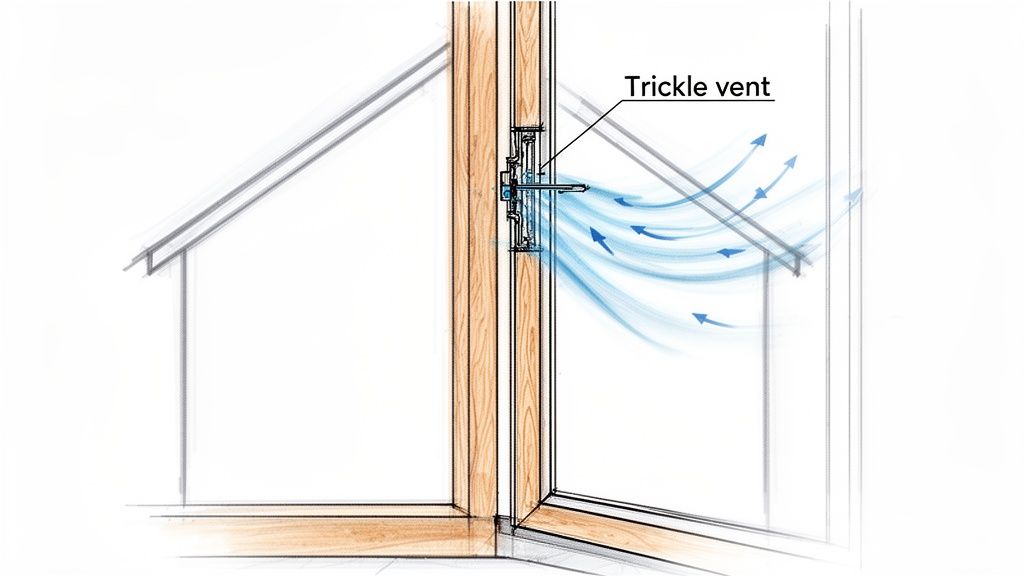 Close-up diagram of a window's trickle vent, illustrating natural airflow for ventilation.
