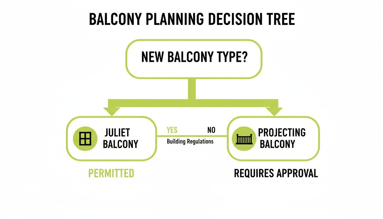 A balcony planning decision tree showing options for new balcony types based on building regulations.