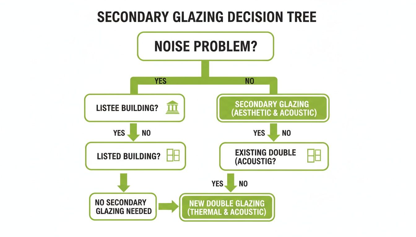 Flowchart showing a secondary glazing decision tree to address noise problems in buildings.