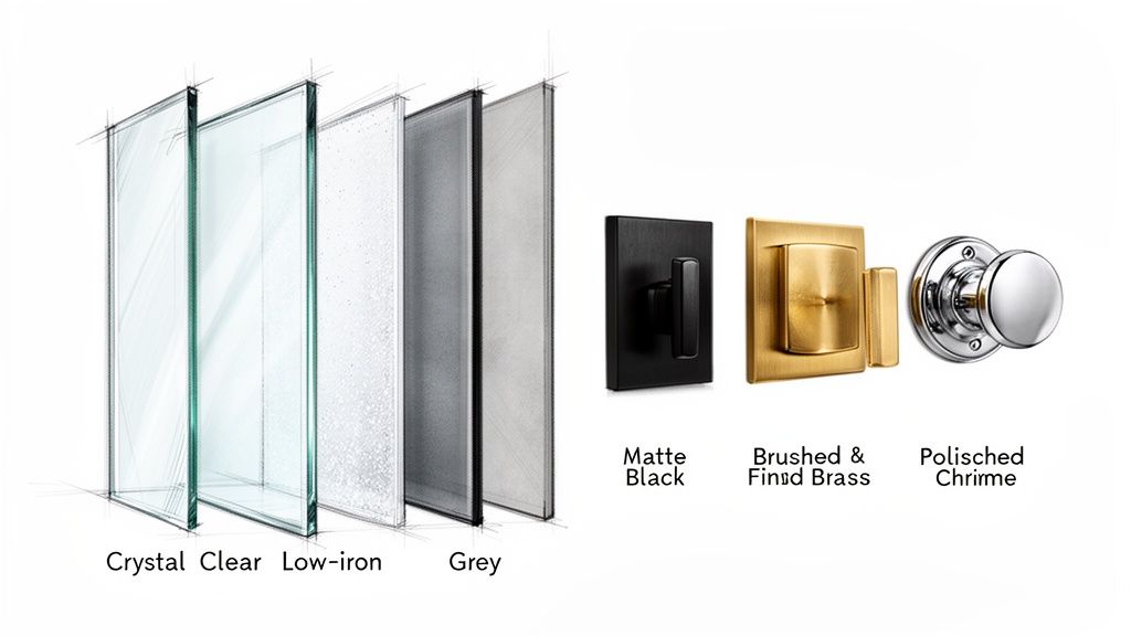 Shower screen options: crystal clear, low-iron, and grey glass with black, brass, and chrome hardware.