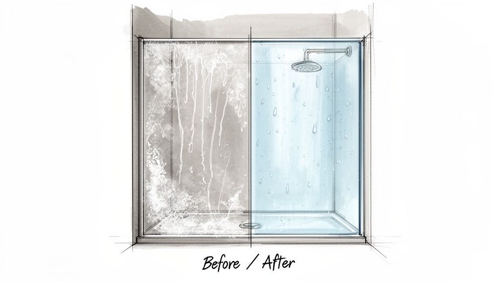 Illustration showing a dirty shower glass screen on the left and a sparkling clean one on the right, highlighting effective cleaning.
