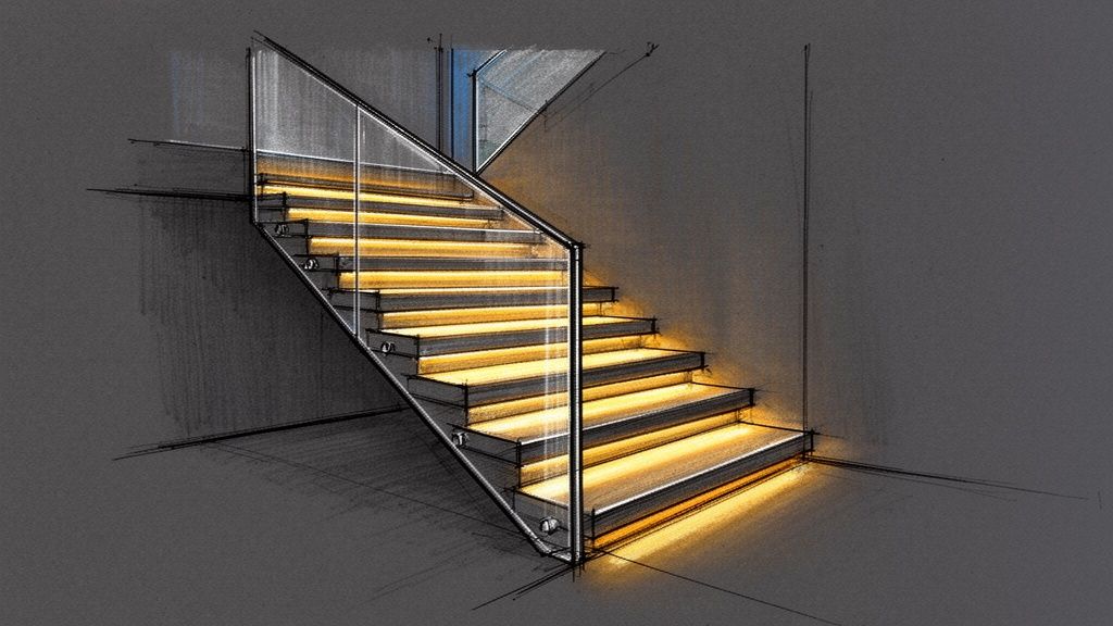 A modern sketch of an open staircase with glass railings and glowing yellow LED step lighting.