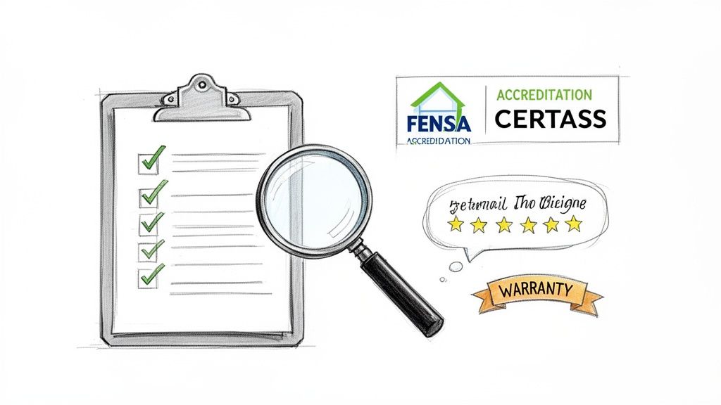 Checklist, magnifying glass, FENSA CERTASS accreditation, five-star review, and warranty label on white background.
