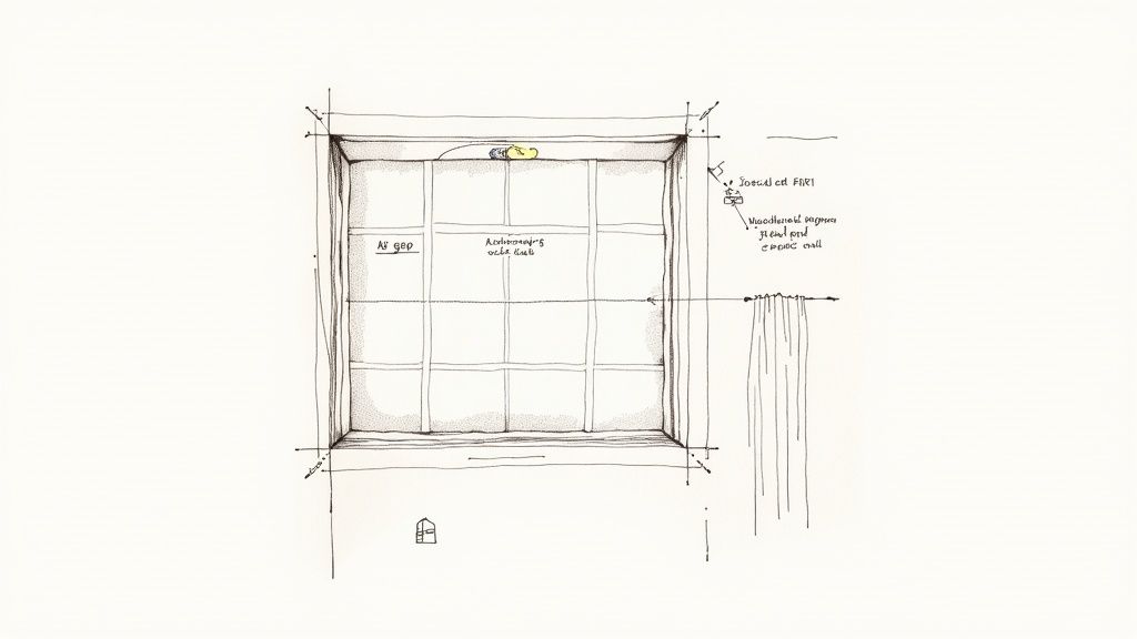 A hand-drawn architectural sketch showing a detailed window, grid panes, and annotations for installation or noise reduction.