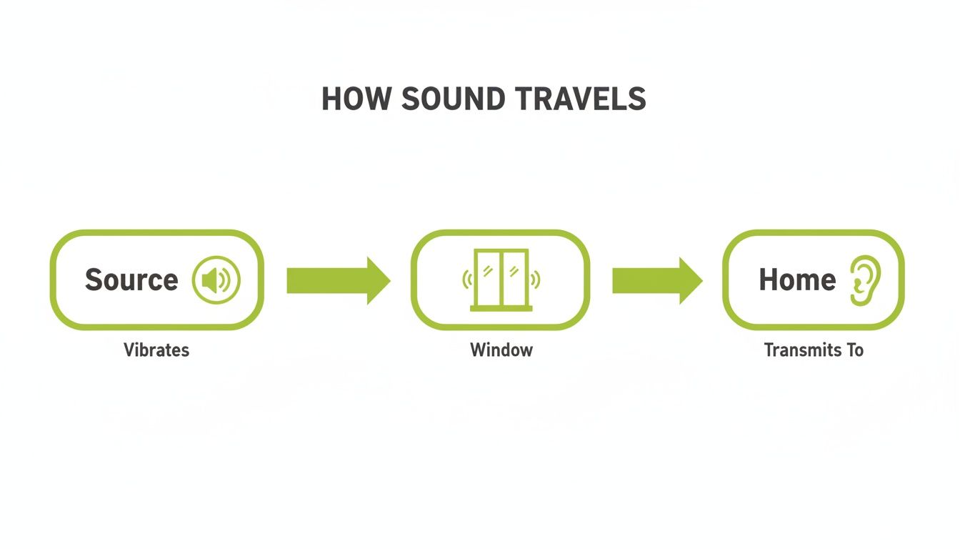 A diagram illustrating how sound travels from a vibrating source, through a window, to a home.