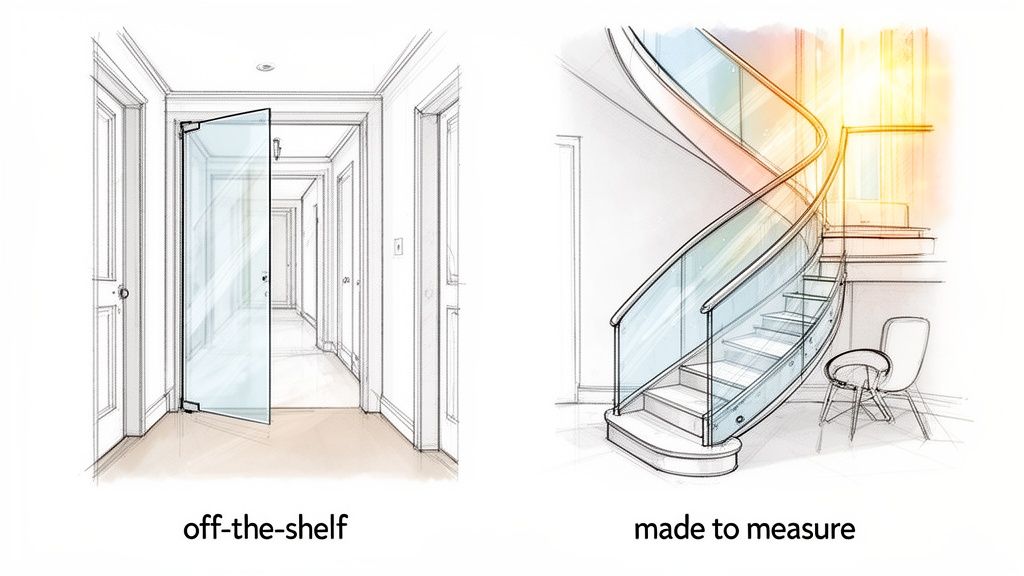 Architectural sketches contrasting an off-the-shelf glass door with a bespoke made-to-measure glass staircase.