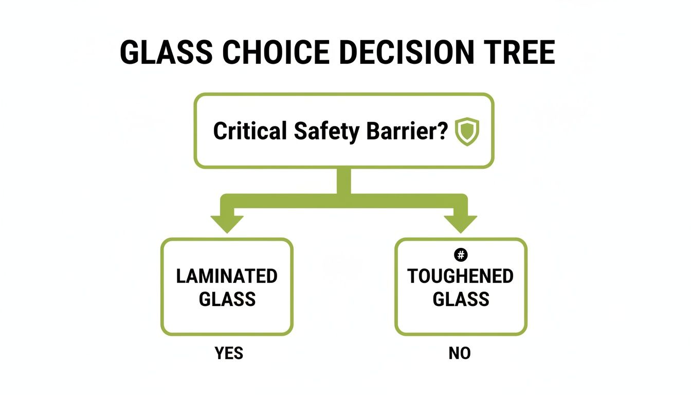 A glass choice decision tree diagram: critical safety barrier? Yes leads to laminated glass, No leads to toughened glass.