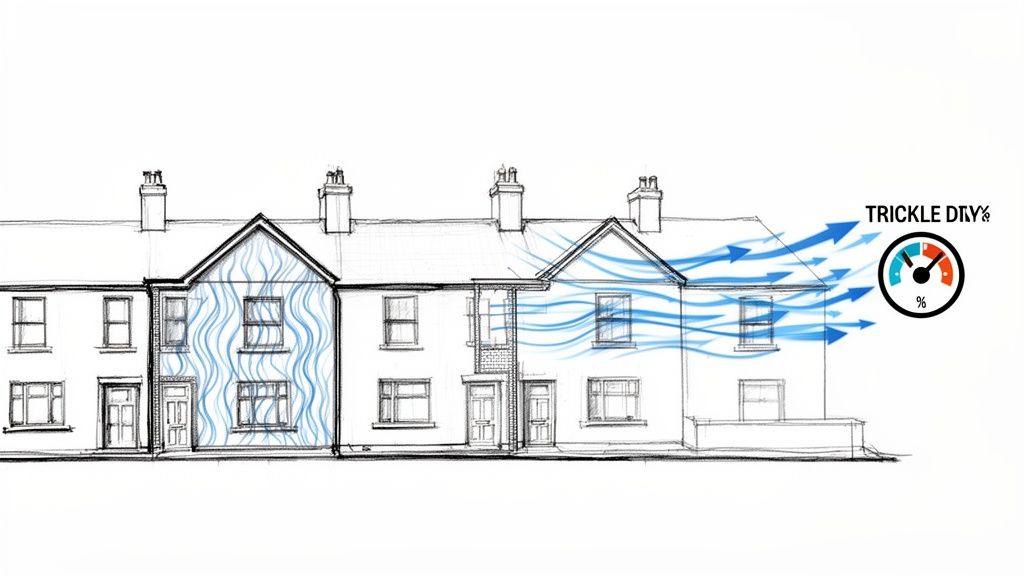 Diagram showing airflow through a row of houses, illustrating moisture and drying with a 'trickle dry' gauge.