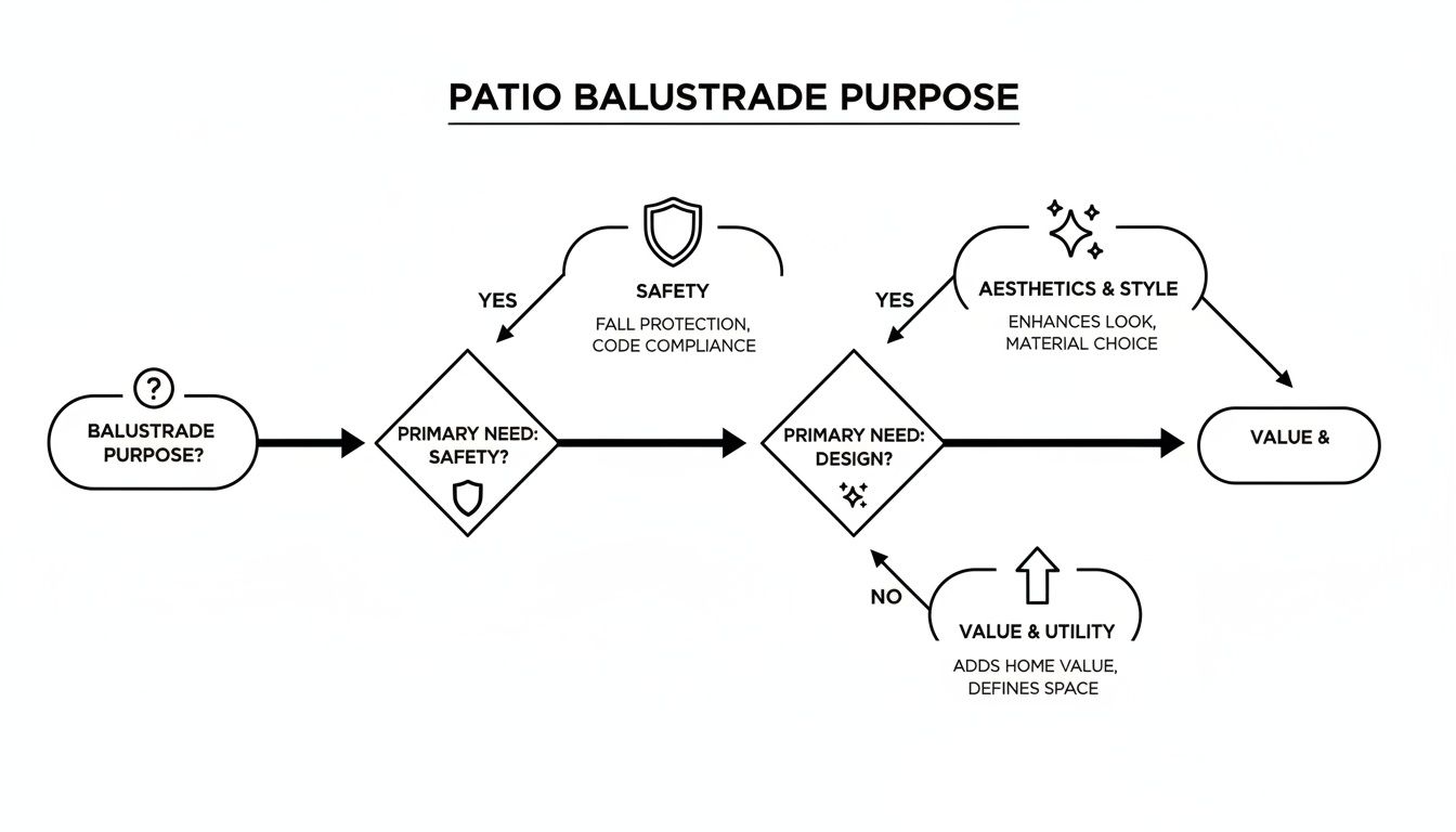 Flowchart illustrating the purpose of patio balustrades, covering safety, aesthetics, and value and utility.