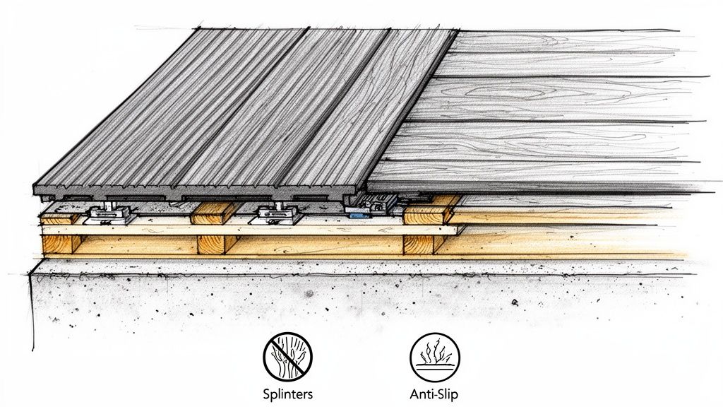 A detailed cross-section illustrating a deck installation with composite and wood decking over a concrete base.