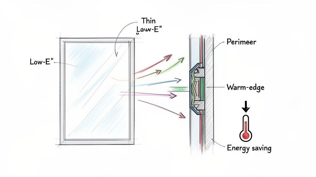 Technical diagram illustrating a window's energy-saving features, including Low-E glass and warm-edge technology.