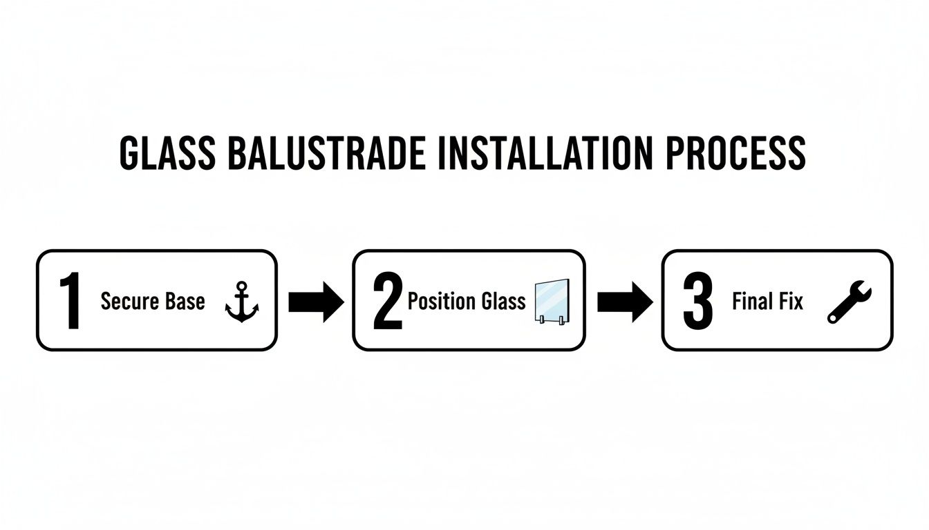 Diagram illustrating the 3-step process for glass balustrade installation: Secure Base, Position Glass, and Final Fix.