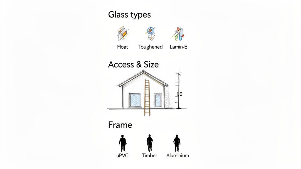 Diagram illustrating window glass types, house access and size, and frame material options (uPVC, Timber, Aluminium).