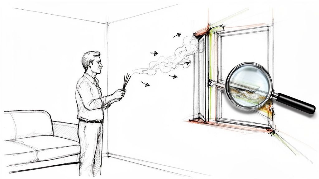 Man uses incense smoke to detect air drafts around a window, showing a magnified view of a leak.