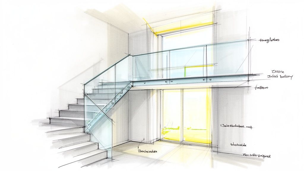 Architectural sketch of a modern interior, featuring a glass staircase, balcony, and large windows.