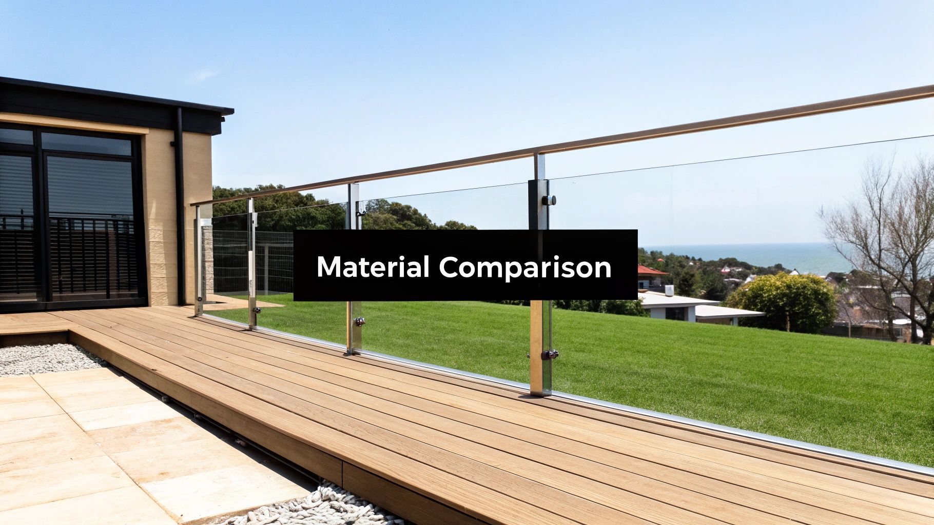 A modern outdoor wooden deck with a clear glass balustrade and stainless steel posts, overlooking a green lawn and ocean.