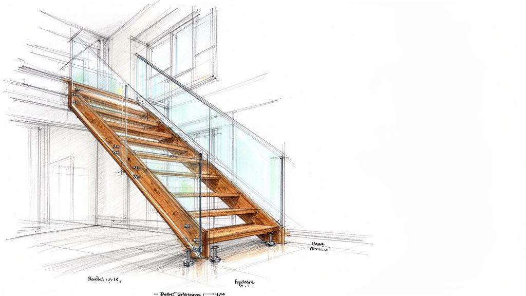 Architectural sketch of a modern, open-riser wooden staircase with glass railing, perfect for contemporary interior design.