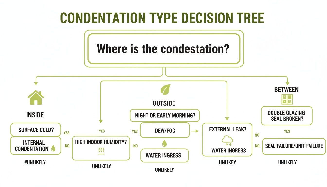 A condensation type decision tree flowchart helps identify the cause of condensation on windows.