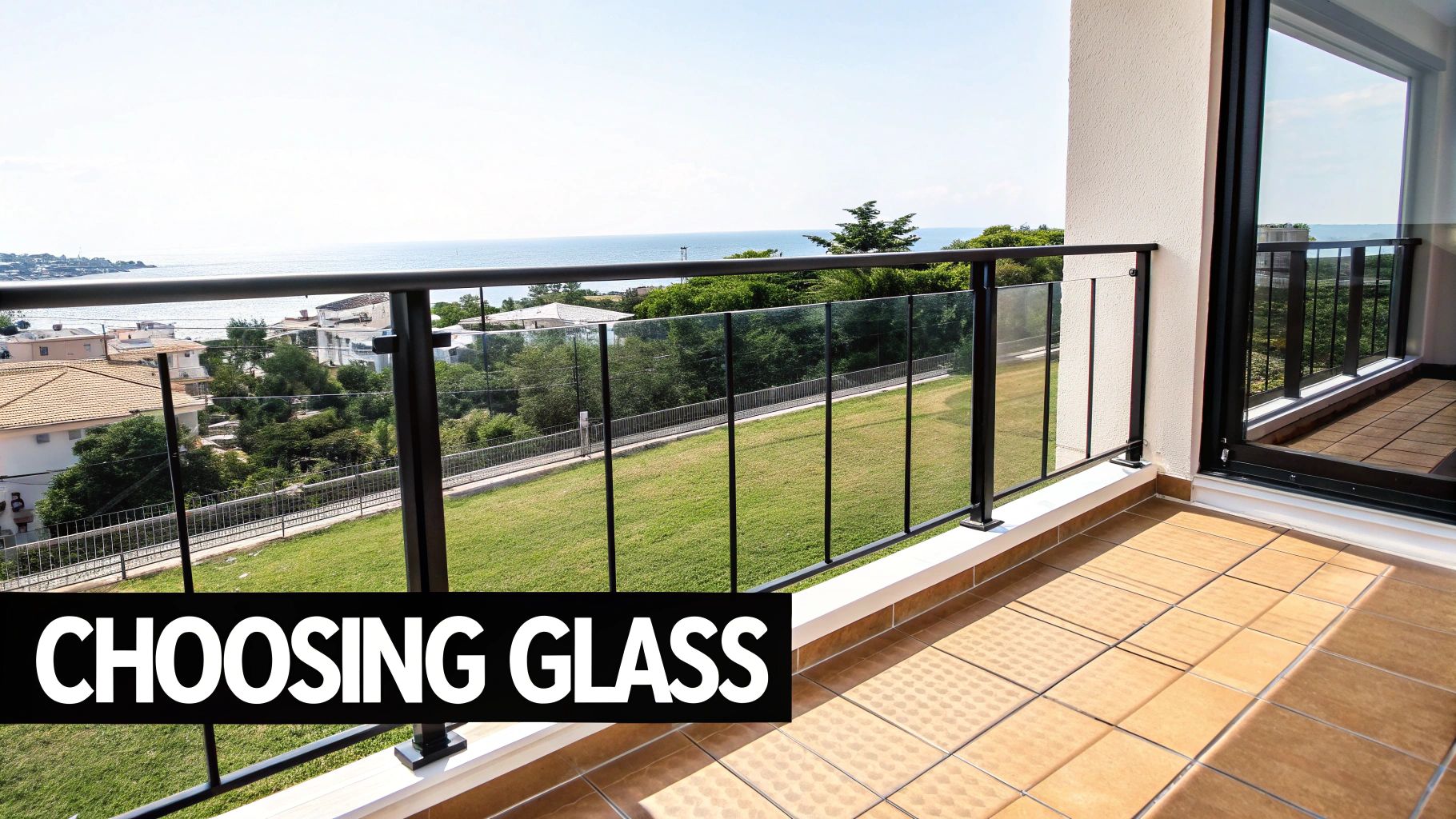 Balcony with modern glass balustrade and black frame offering a clear view of the sea.