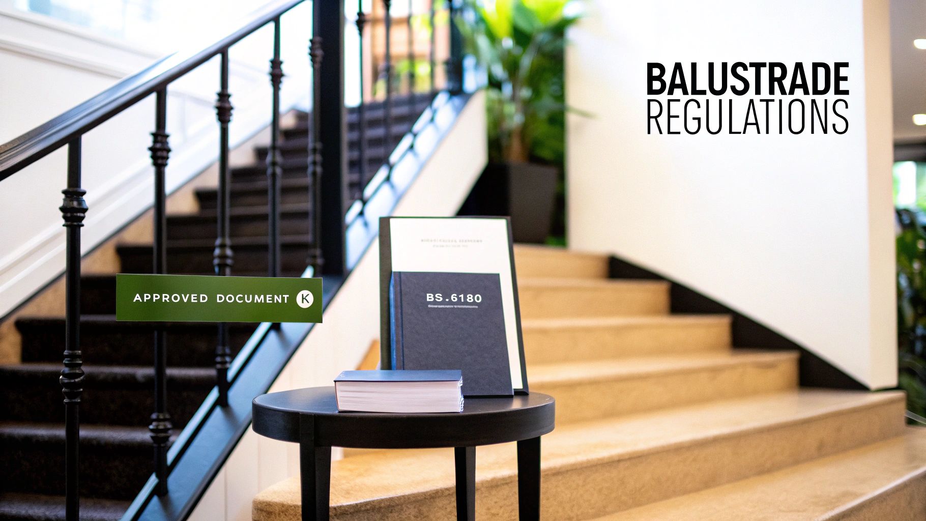 A staircase with black balustrades, a sign reading 'Approved Document K', and 'BALUSTRADE REGULATIONS' on the wall.