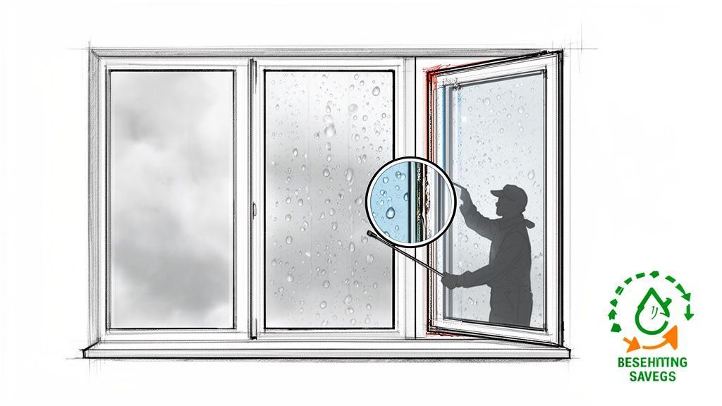 Illustration showing a multi-pane window construction, with a person cleaning and water droplets, focusing on insulation.
