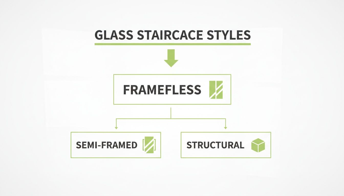 A flowchart diagram illustrating different glass staircase styles: Frameless, Semi-Framed, and Structural designs.