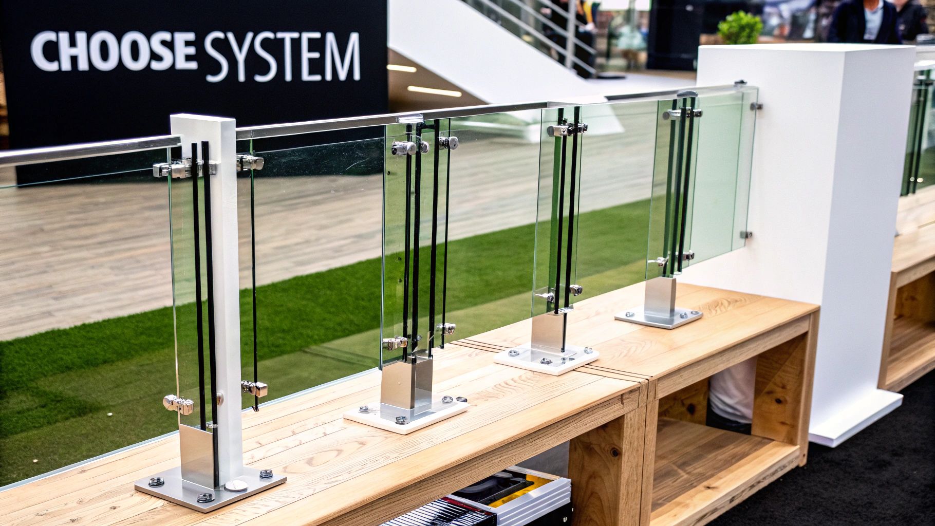 A display of a modern glass balustrade system with metal posts and a top rail on wooden structures.