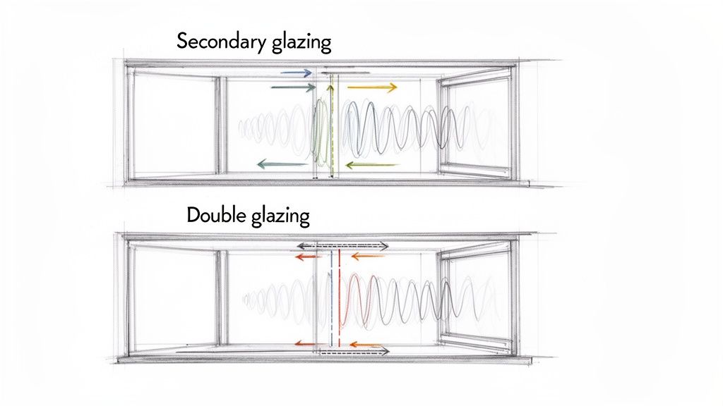 Architectural diagrams comparing sound wave reduction in secondary glazing and double glazing window systems.