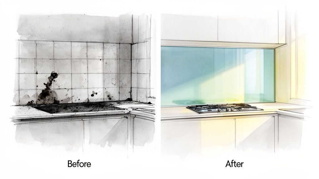Before and after sketches of a kitchen: dirty tiles transformed into a modern kitchen with a glass splashback.