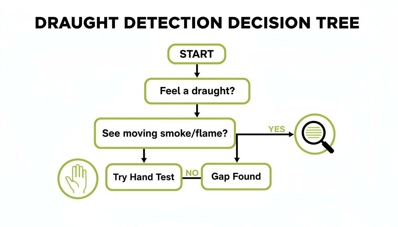 Flowchart illustrating a draught detection decision tree, outlining steps to find gaps causing draughts.