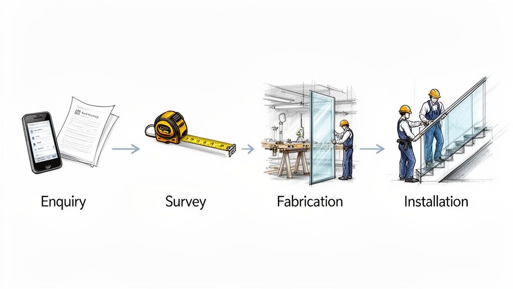 Four-step process from enquiry to installation of glass balustrades, including survey and fabrication.