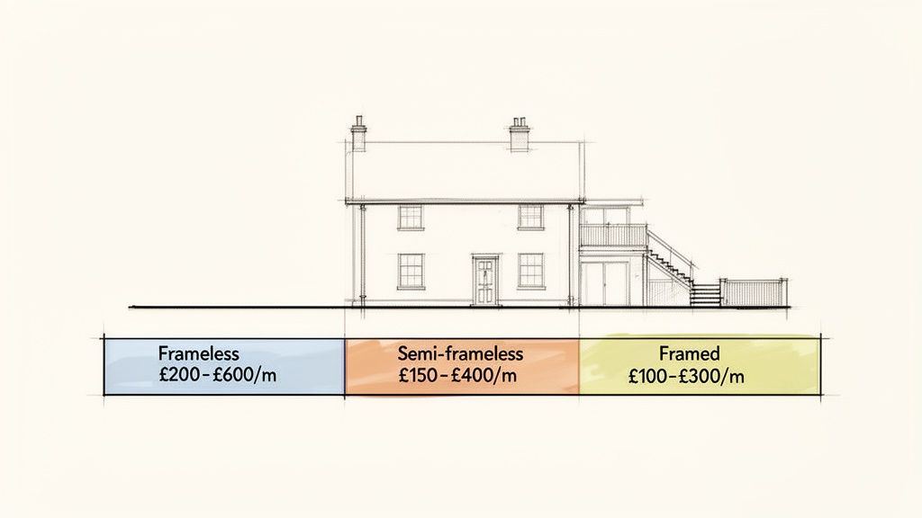 Illustration of a house with pricing for different glass balustrade types: frameless, semi-frameless, and framed.