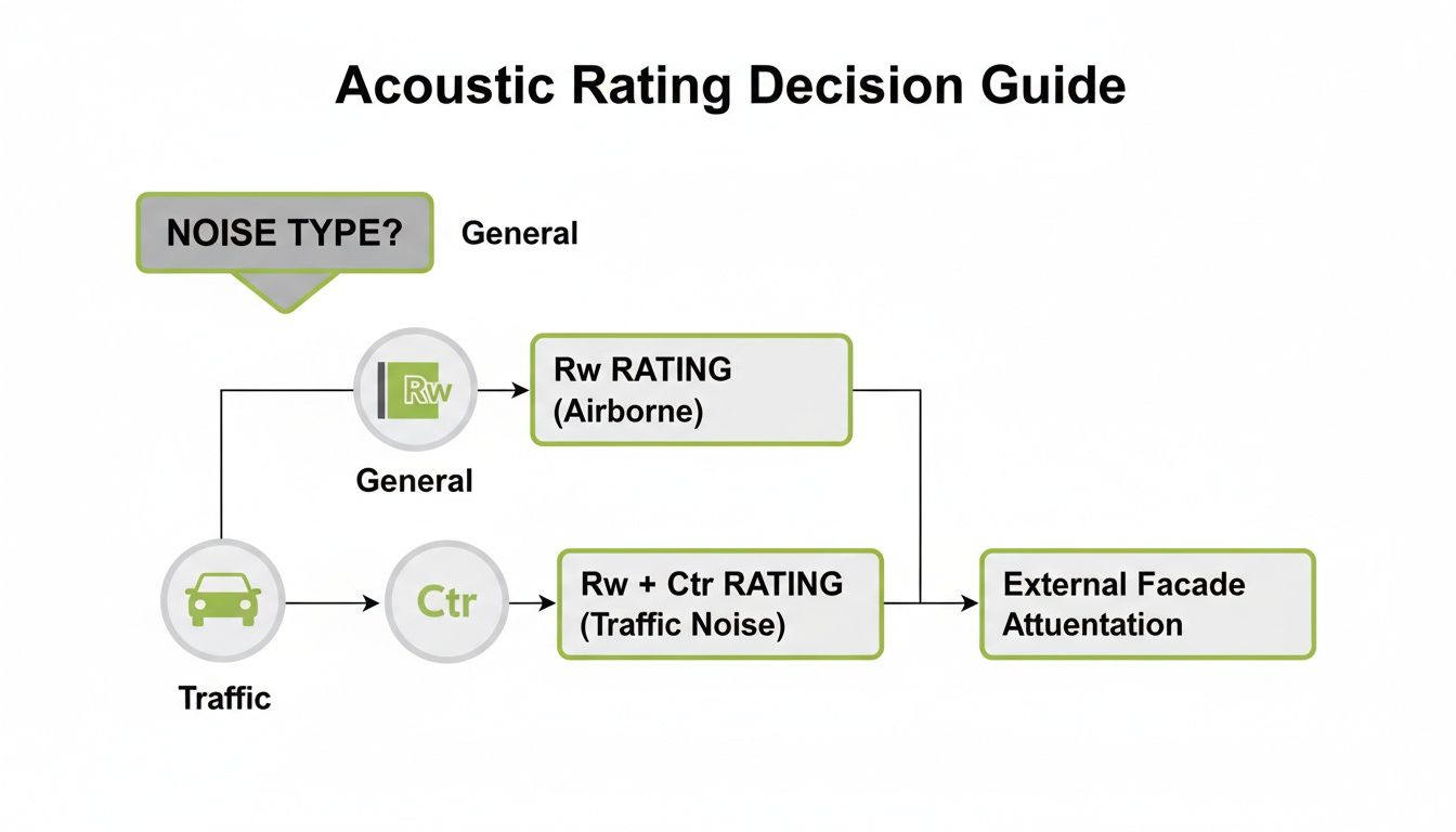 A flowchart illustrates the acoustic rating decision guide based on noise type for external facade attenuation.