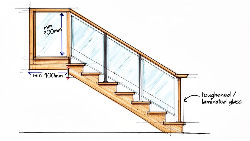 A detailed drawing of a wood staircase with a glass balustrade, showing minimum height and depth dimensions.