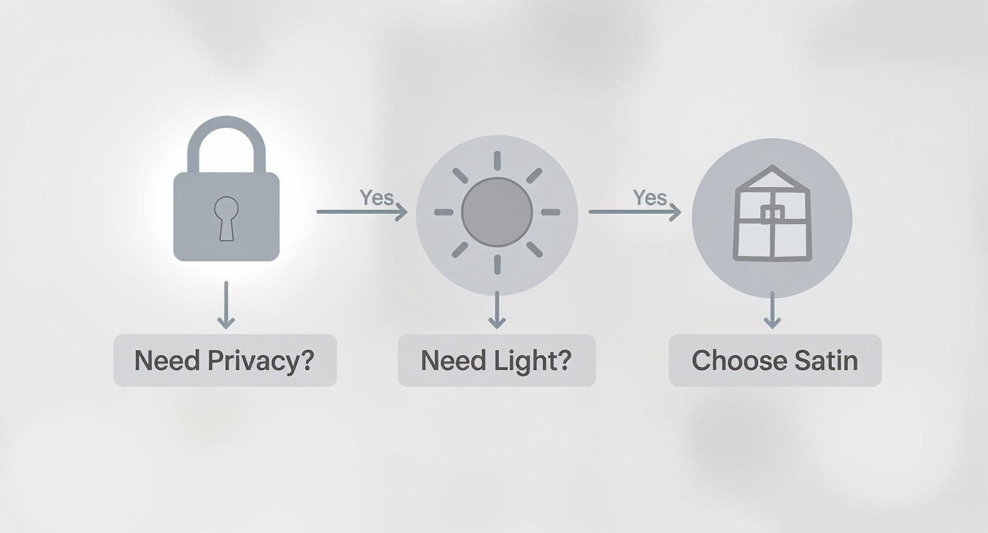 A flowchart showing a decision path: Need Privacy? Yes. Need Light? Yes. Choose Satin.