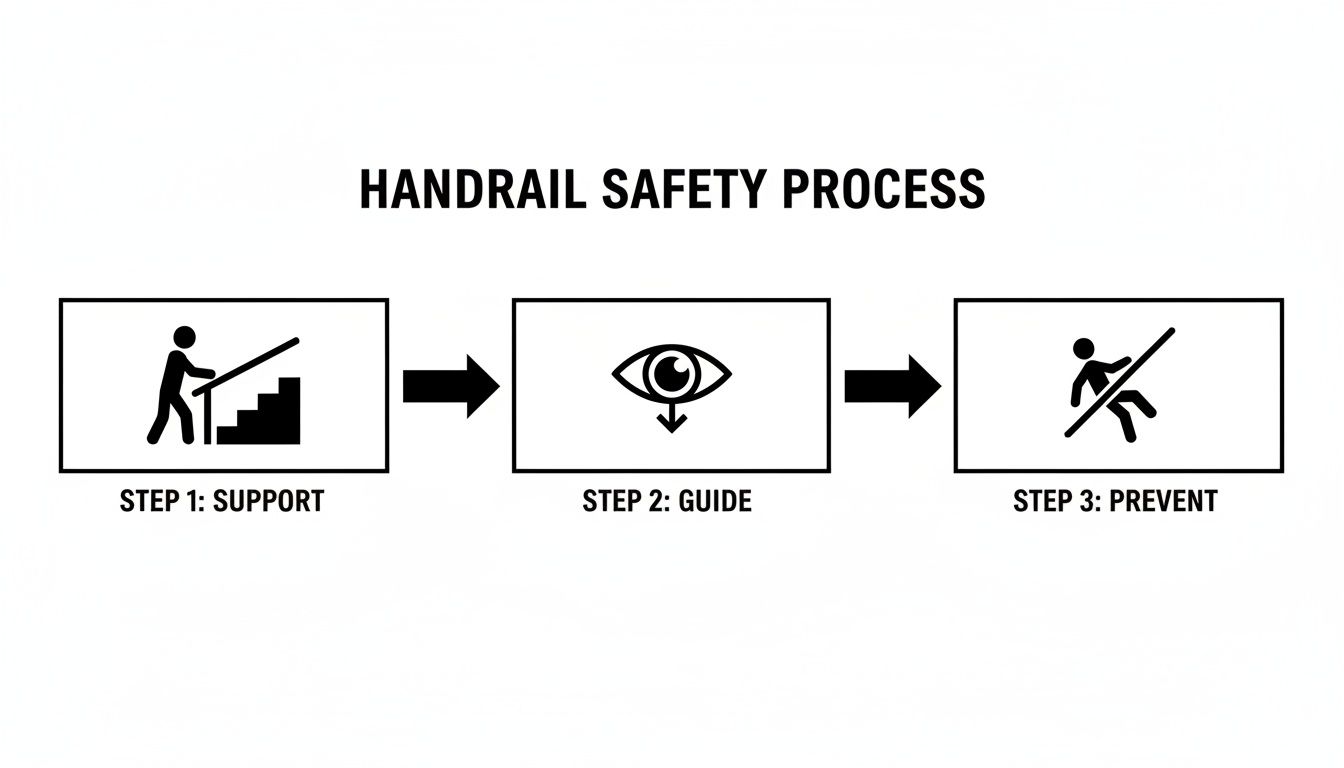 Diagram illustrating a handrail safety process: support on stairs, guide, and prevent falls.