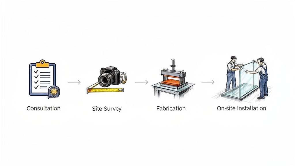 A four-step process for glass installation, showing consultation, site survey, fabrication, and on-site installation.