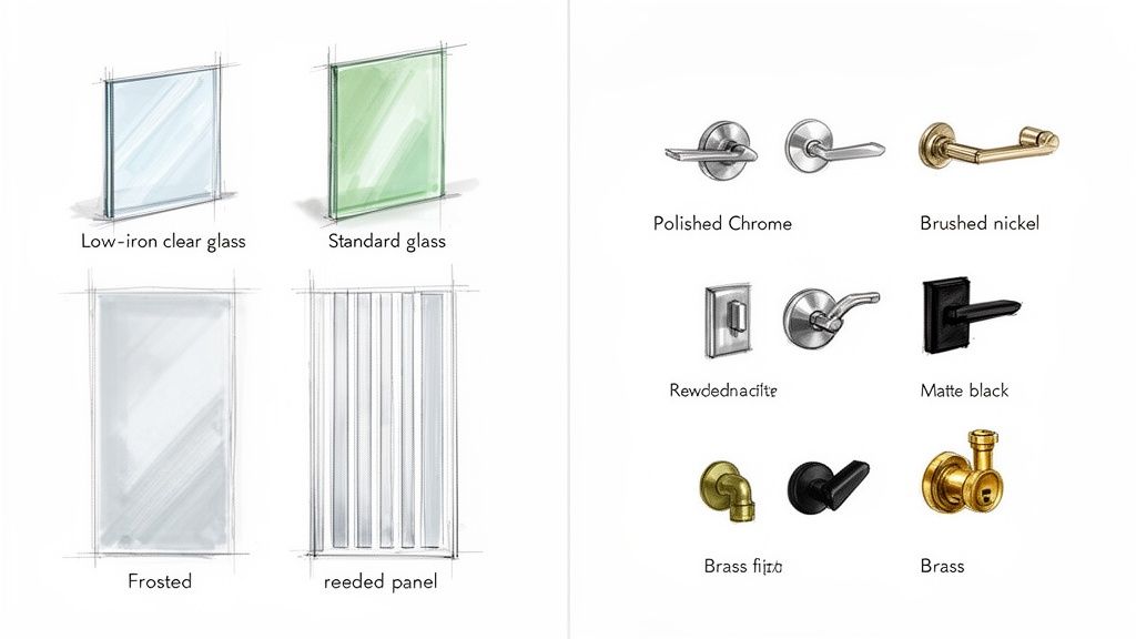 Illustrated options for custom shower screens: various glass types and door hardware finishes.