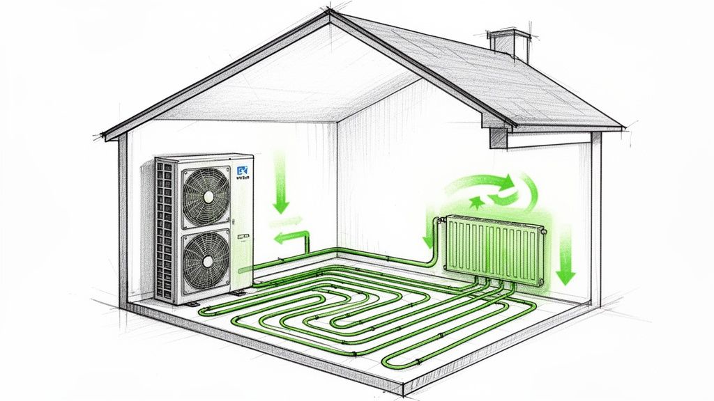 An isometric diagram illustrating a house's heat pump system, featuring an outdoor unit, underfloor heating, and a radiator with green arrows.